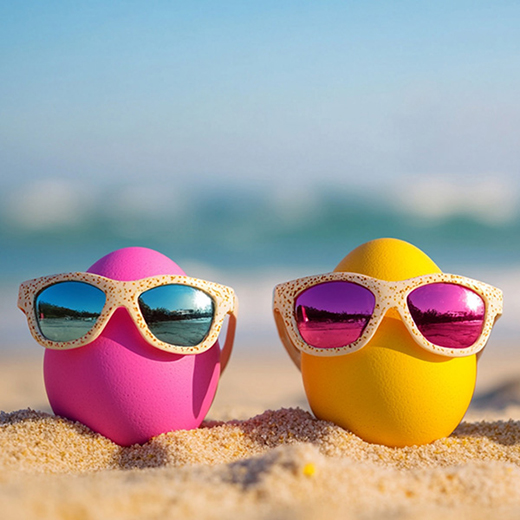 Image of two painted Easter Eggs on the beach with sunglasses as decoration.