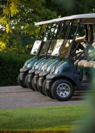 Golf Carts Parked in a row on cart path ready for guest use