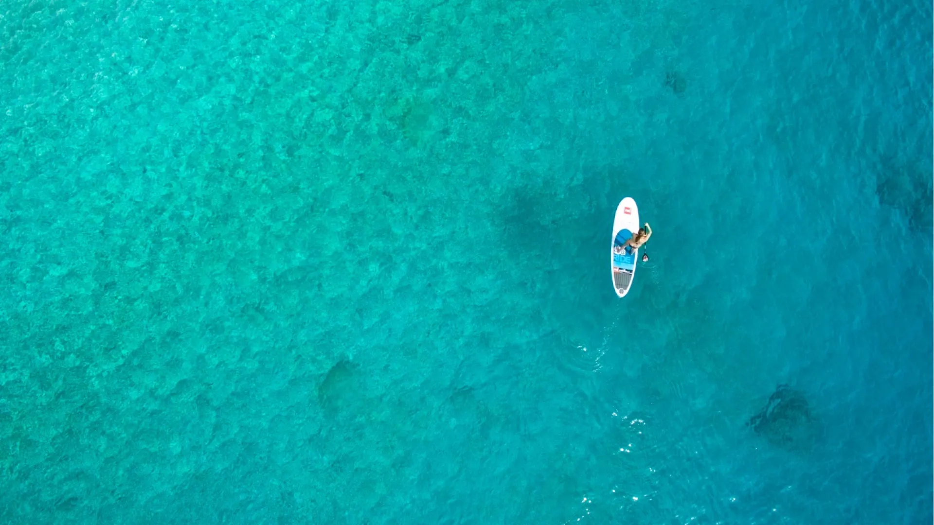 Bird's eye of person paddle boarding