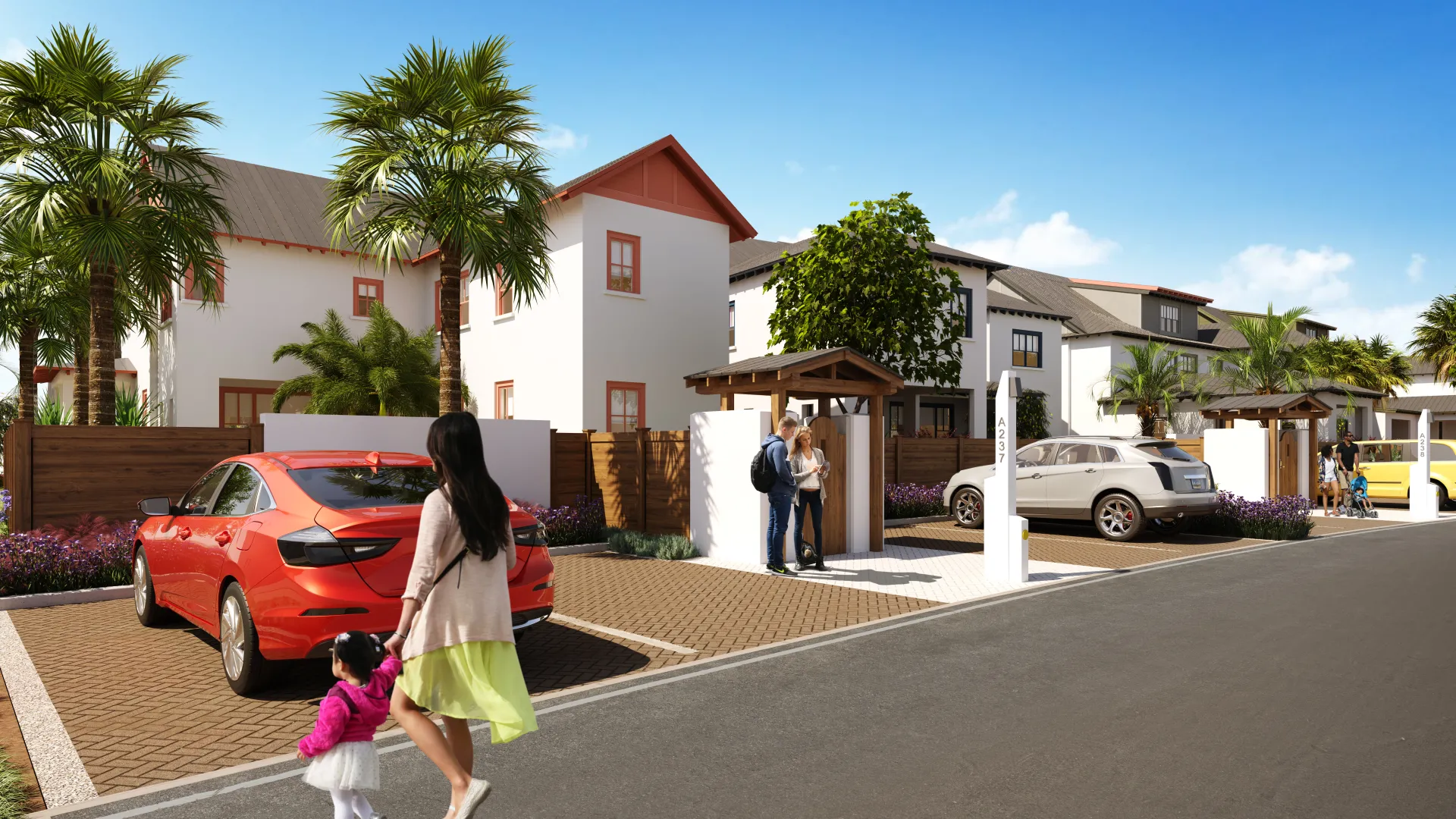 Rendering of houses exterior parking area and gated entrance