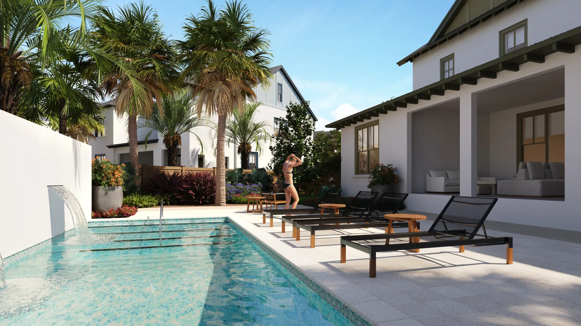 Houses Exterior Image of Backyard Garden/Pool Area with Lounge Chairs 