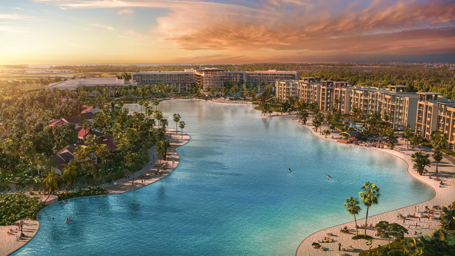 Overview rendering of Evermore Bay and Surrounding Accommodations including Conrad Orlando