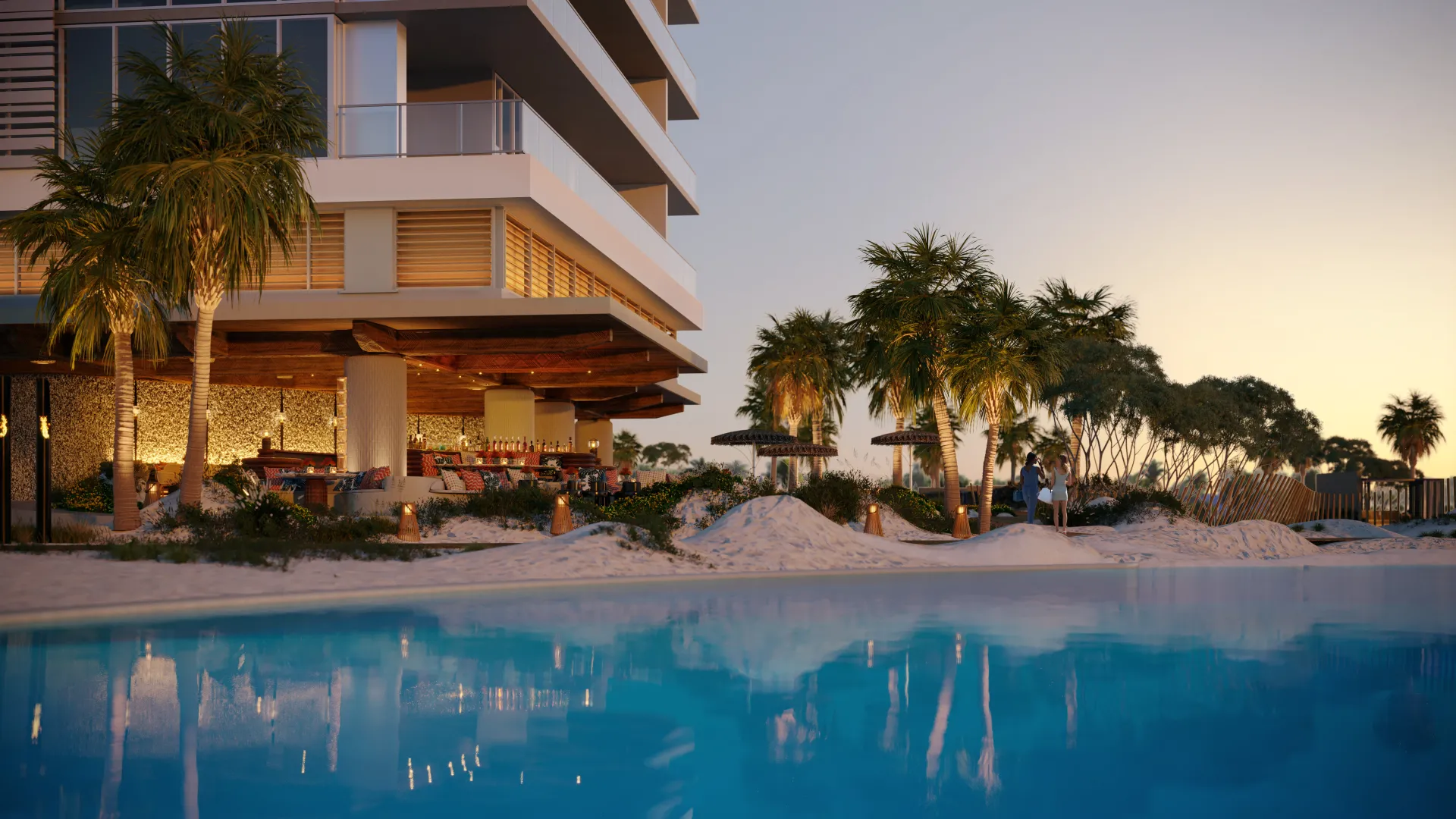 Papaya Club Rendering of Papaya Sand Bar with view of Evermore bay and palm tress and beach surrounding bar area