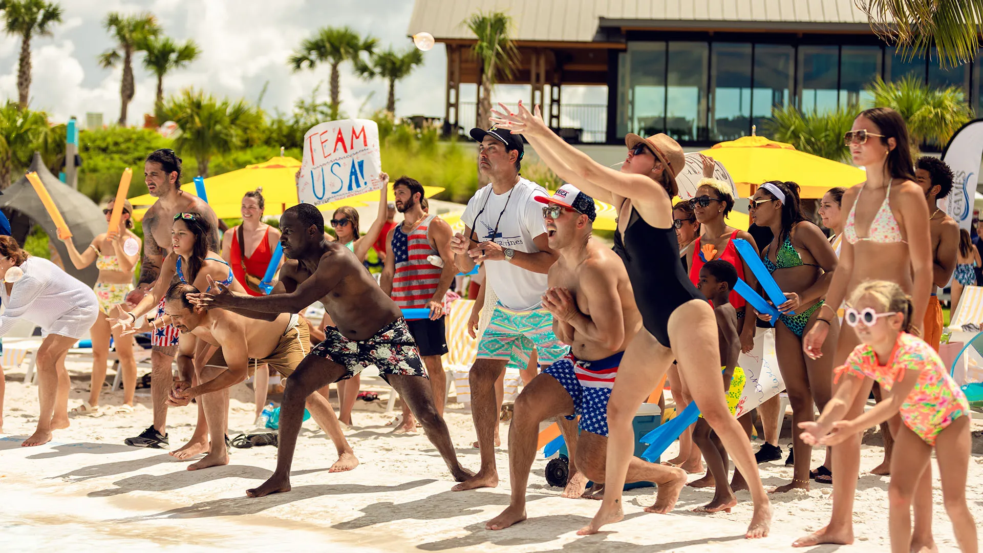 An image of guests having fun while participating in a challenge during Evermore Bay Games at Evermore Orlando Resort.