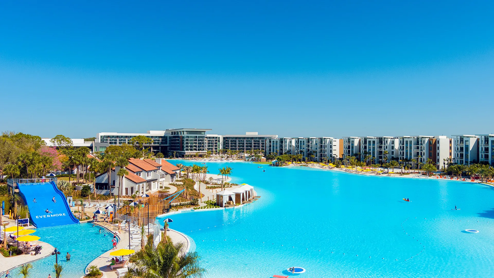 An aerial image of Evermore Bay and Family Waterslide.