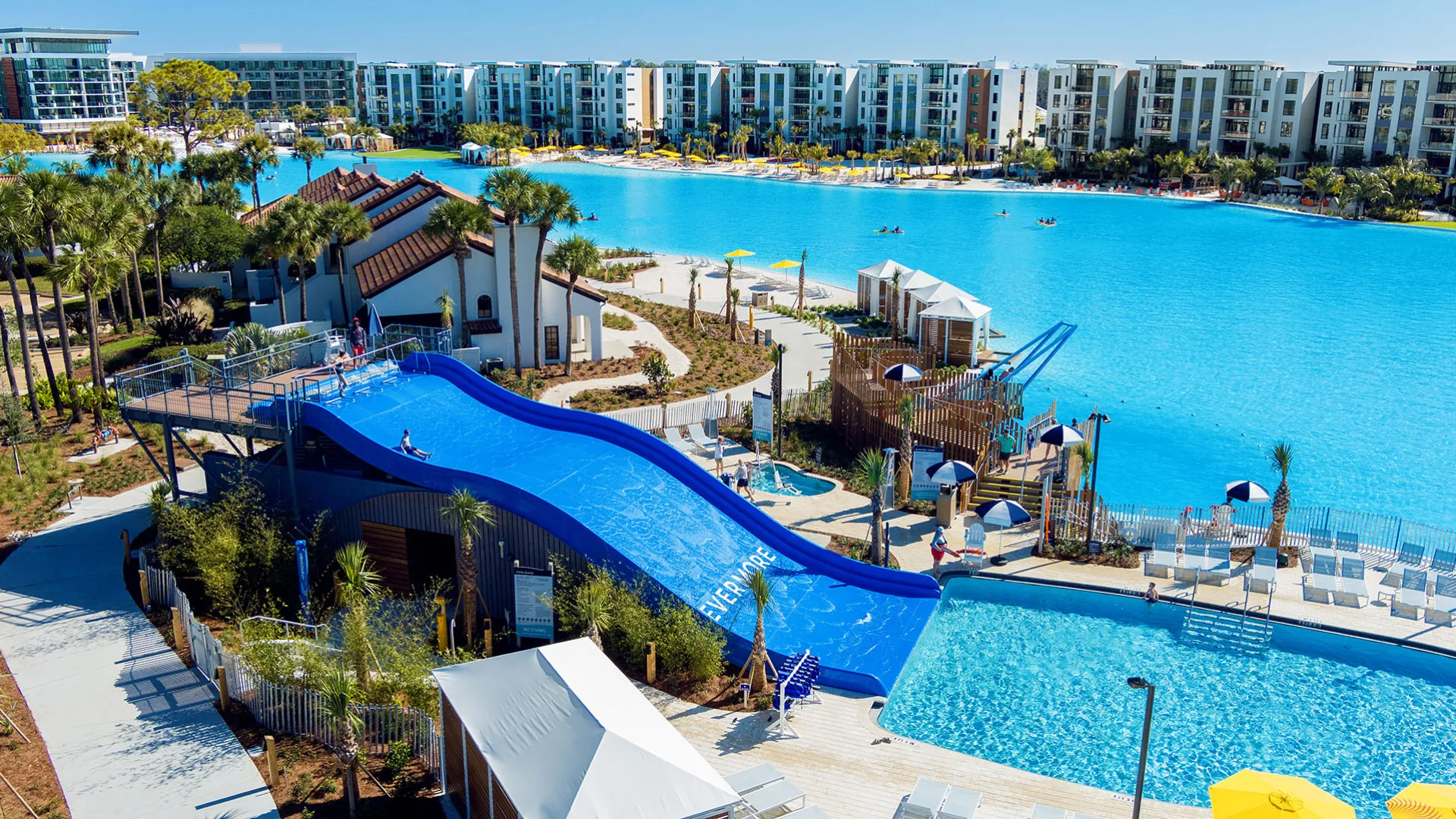 An aerial image of Evermore's family waterslide.