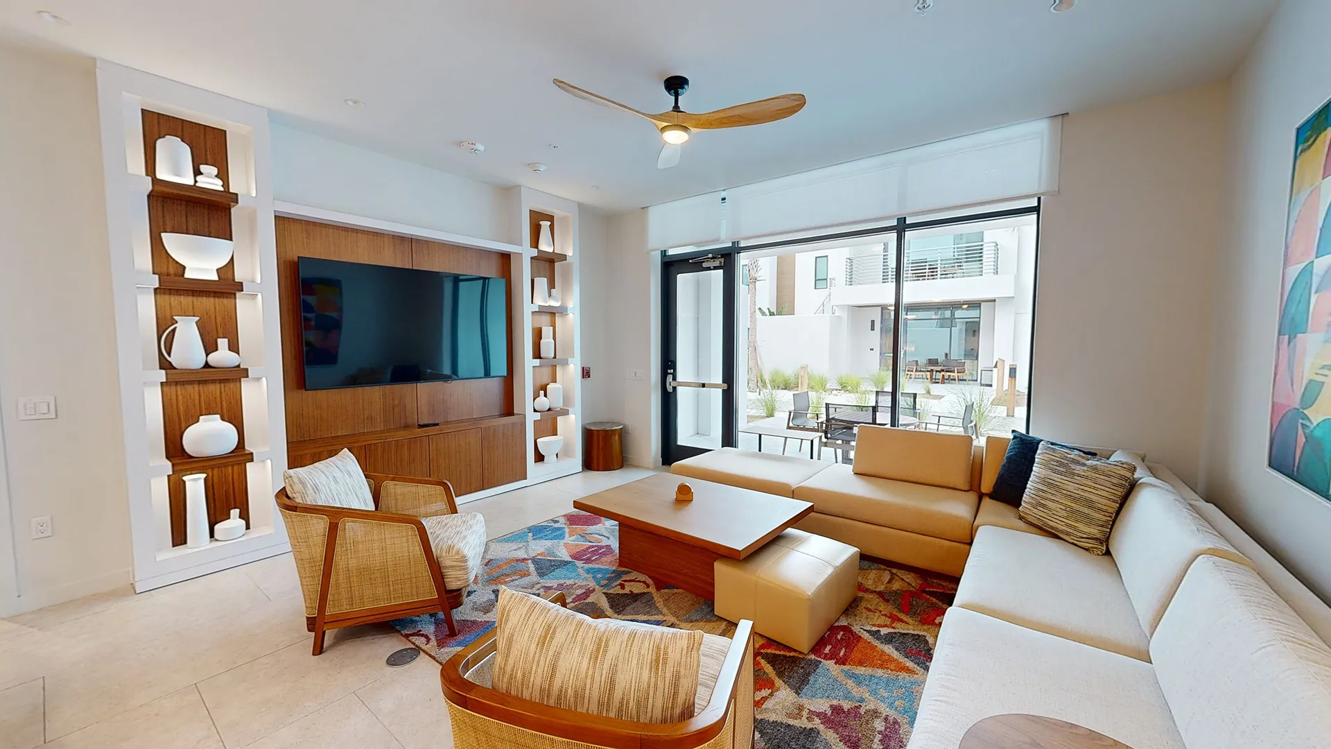 Image of the living room area in a 2-Story Walk Up Flat at Evermore Orlando Resort.