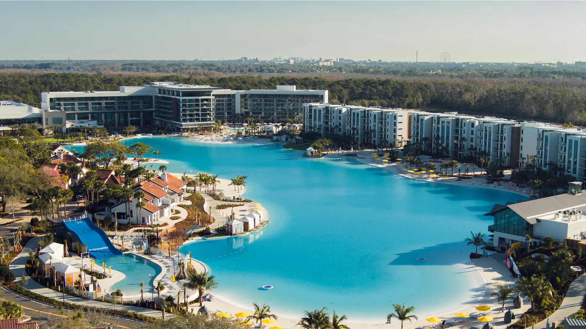 Image of an aerial view of the accommodations around Evermore Bay at Evermore Orlando Resort.