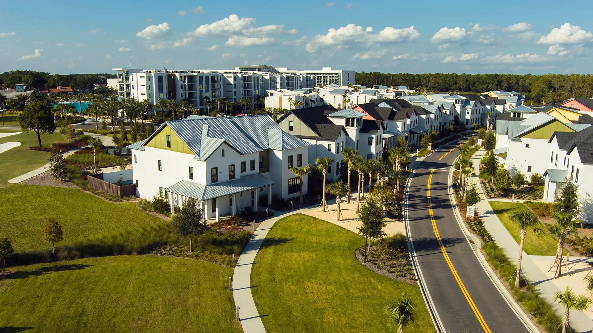 An aerial image of Evermore Houses.