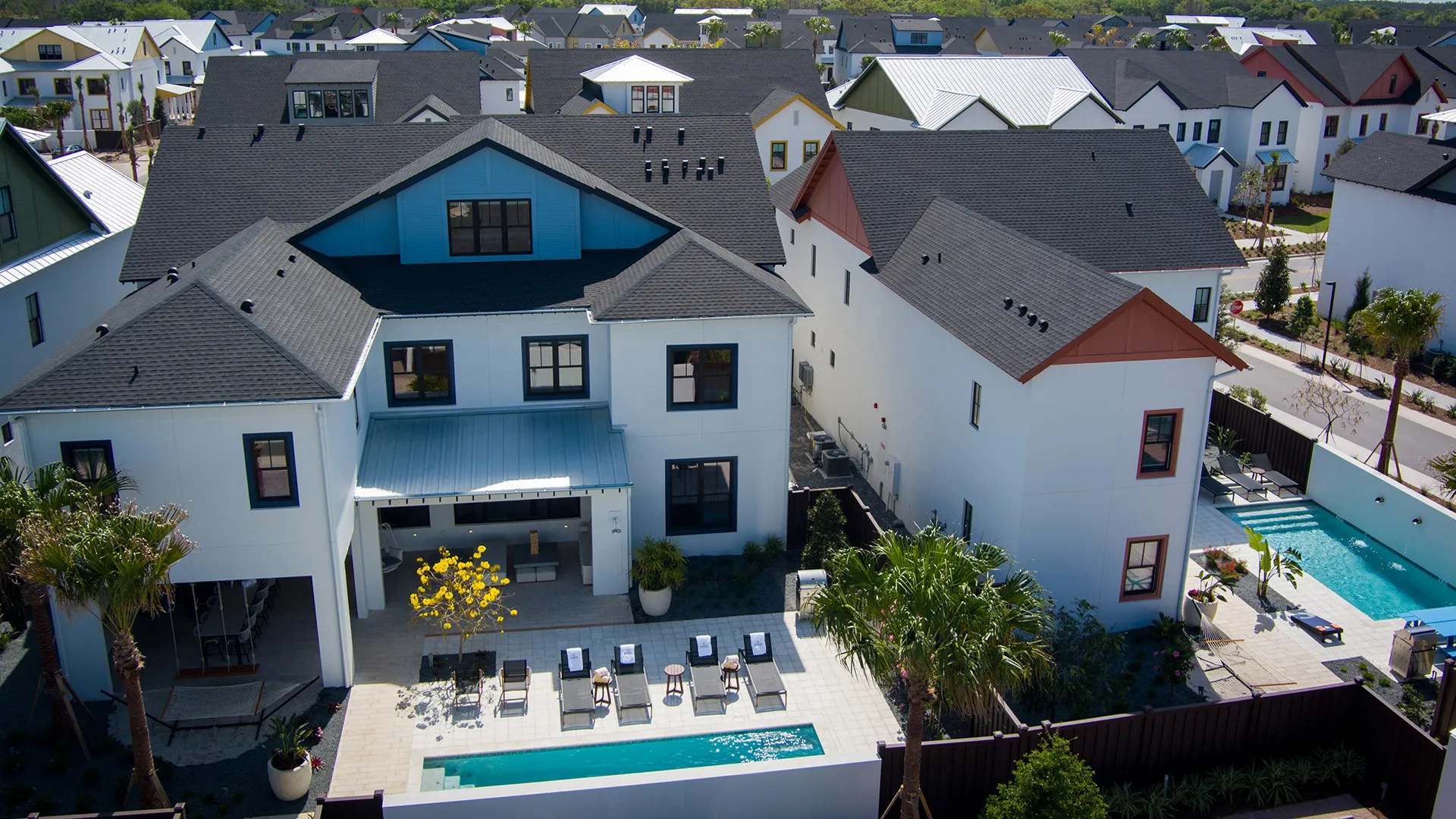 An aerial image of Evermore Houses.