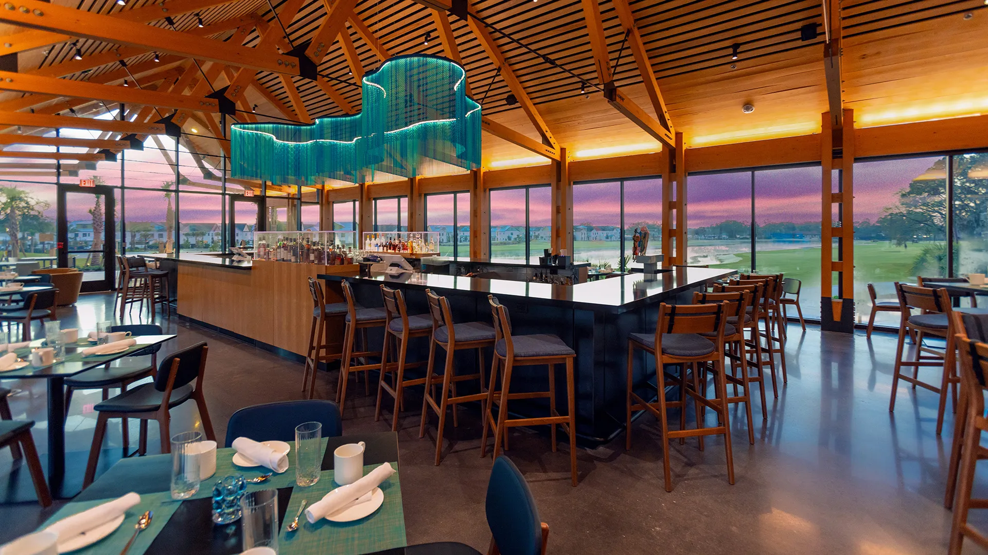 Image of the interior of Twin View Restaurant and Bar at Evermore Orlando Resort.