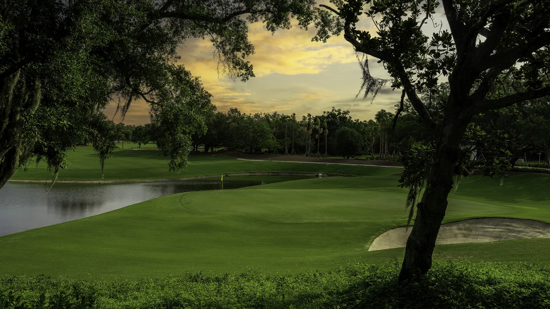 Image of the green on the 16th hole of the Grand Cypress Golf Cypress Course at Evermore Orlando Resort.