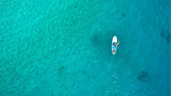 Bird's eye of person paddle boarding