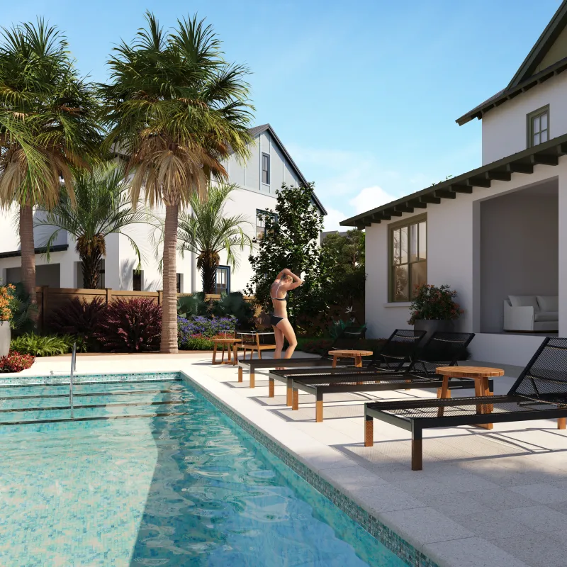 Houses Exterior Backyard Garden/Pool View Houses Exterior Image of Backyard Garden/Pool Area with Lounge Chairs