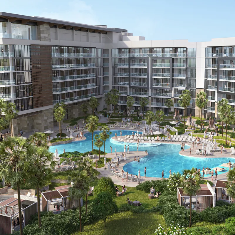 Exterior rendering of Conrad Orlando hotel pool area with Cabanas 