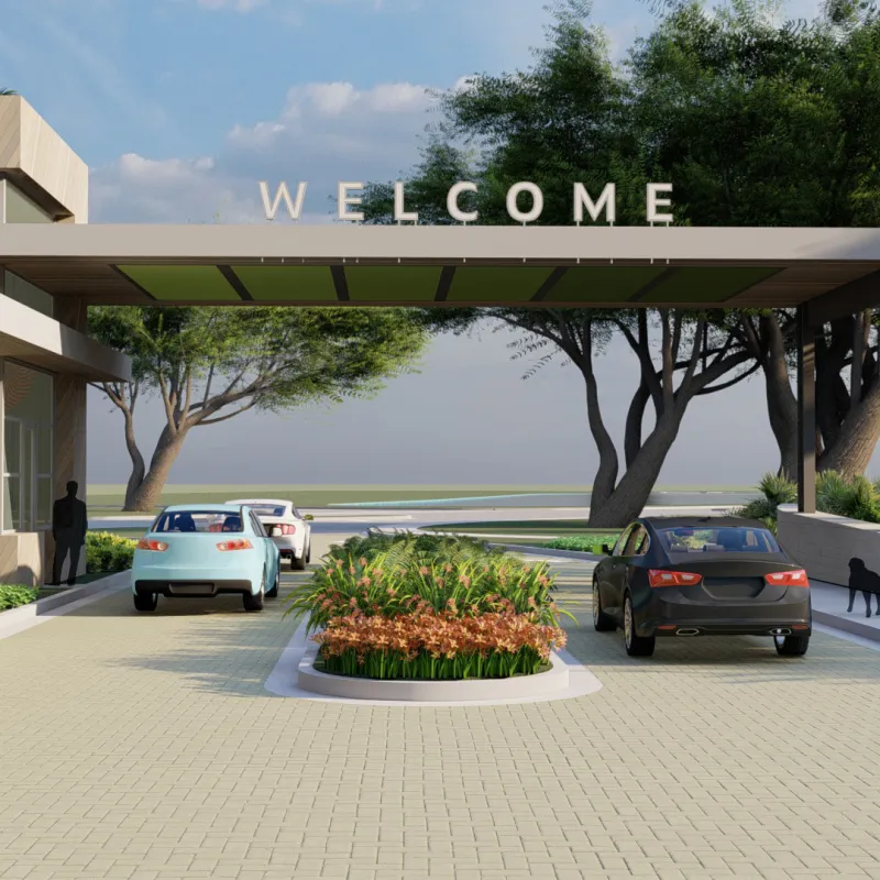 Entry gate rendering with cars driving under entry Welcome sign