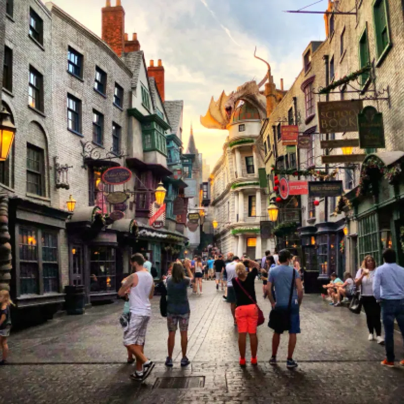 Guests walking down DIagon Alley at Harry Potter world in Universal Orlando Resort
