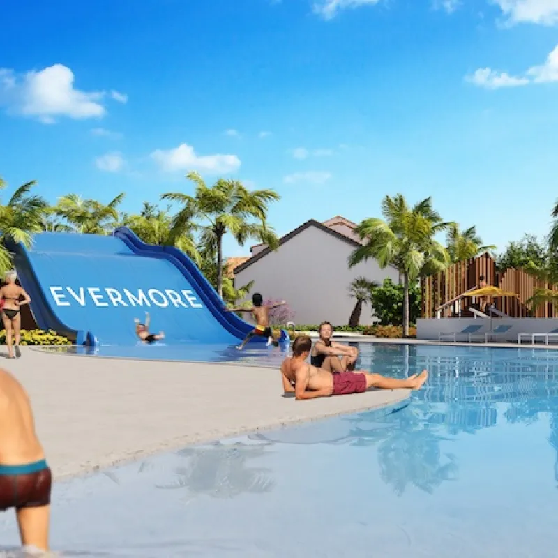Rendering of Evermore waterslide with kids sliding down into the bay and people lounging on shores edge 