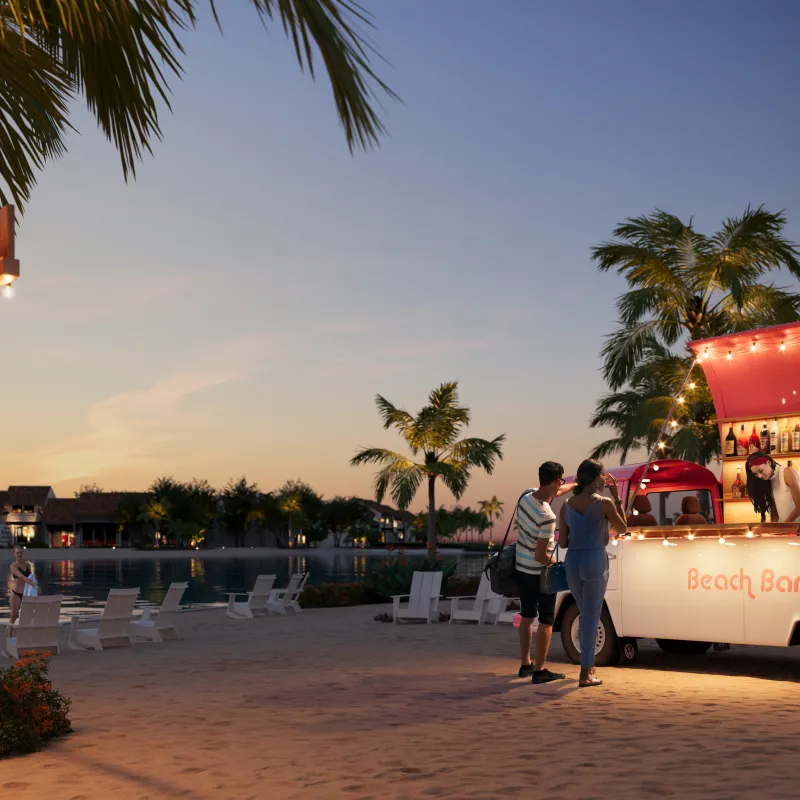 Barbara Ann's Beach Bar rendering with couple ordering from mobile bartender 