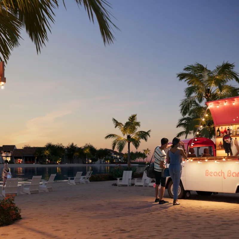 Barbara Ann's Beach Bar Barbara Ann's Beach Bar rendering with couple ordering from mobile bartender