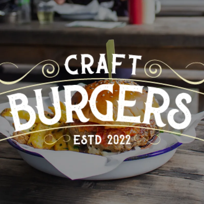 Craft Burgers logo overlayed on top of burger and fries