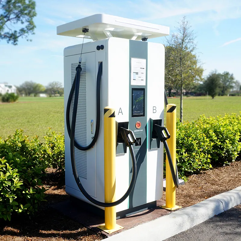 An image of a DC fast charge EV charger for electrical vehicles in The Landing parking lot at Evermore Orlando Resort.