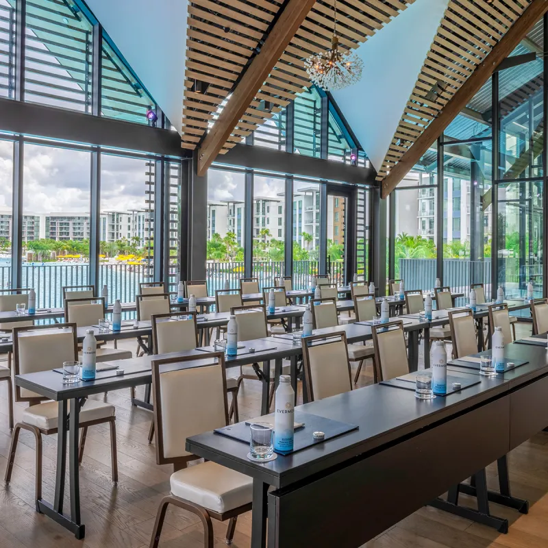 The Boathouse Ballroom Classroom Setup Image of a classroom setup in The Boathouse Ballroom at Evermore Orlando Resort.