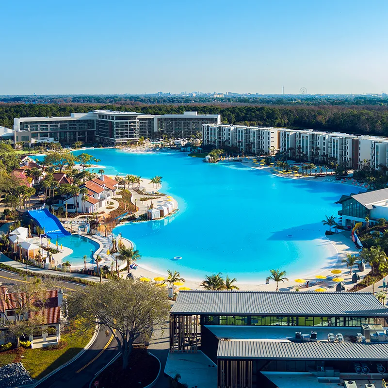 Aerial image of Evermore Bay and the amenities at Evermore Orlando Resort.