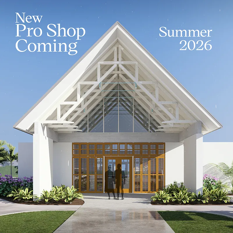 Image showing a rendering of the new Grand Cypress Golf Pro Shop with the words "New Pro Shop Coming Summer 2026" overlaid.