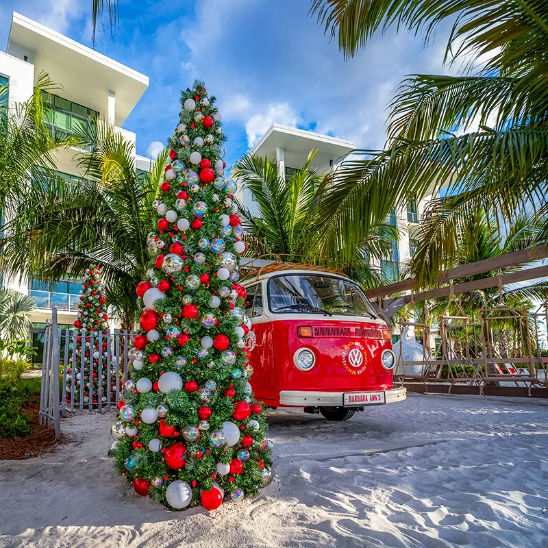 Image of Barbara Ann's Beach Bar decorated for the holidays at Evermore Orlando Resort.