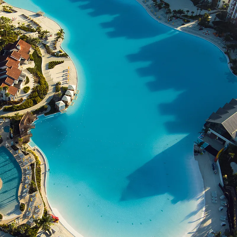 Aerial image of Evermore Bay during sunrise at Evermore Orlando Resort.