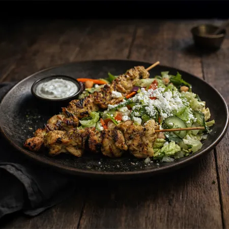 Image of the Mediterranean Salad with grilled chicken skewers from The Deep End casual dining location at Evermore Orlando Resort.